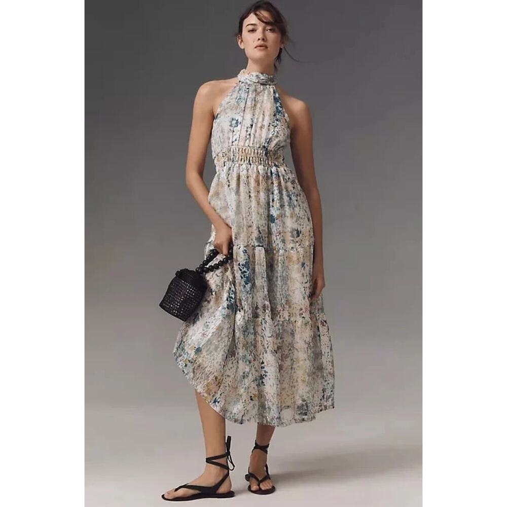 [Anthropologie] High Neck Blue Somerset Chiffon Maxi Dress NWT Large Petite LP